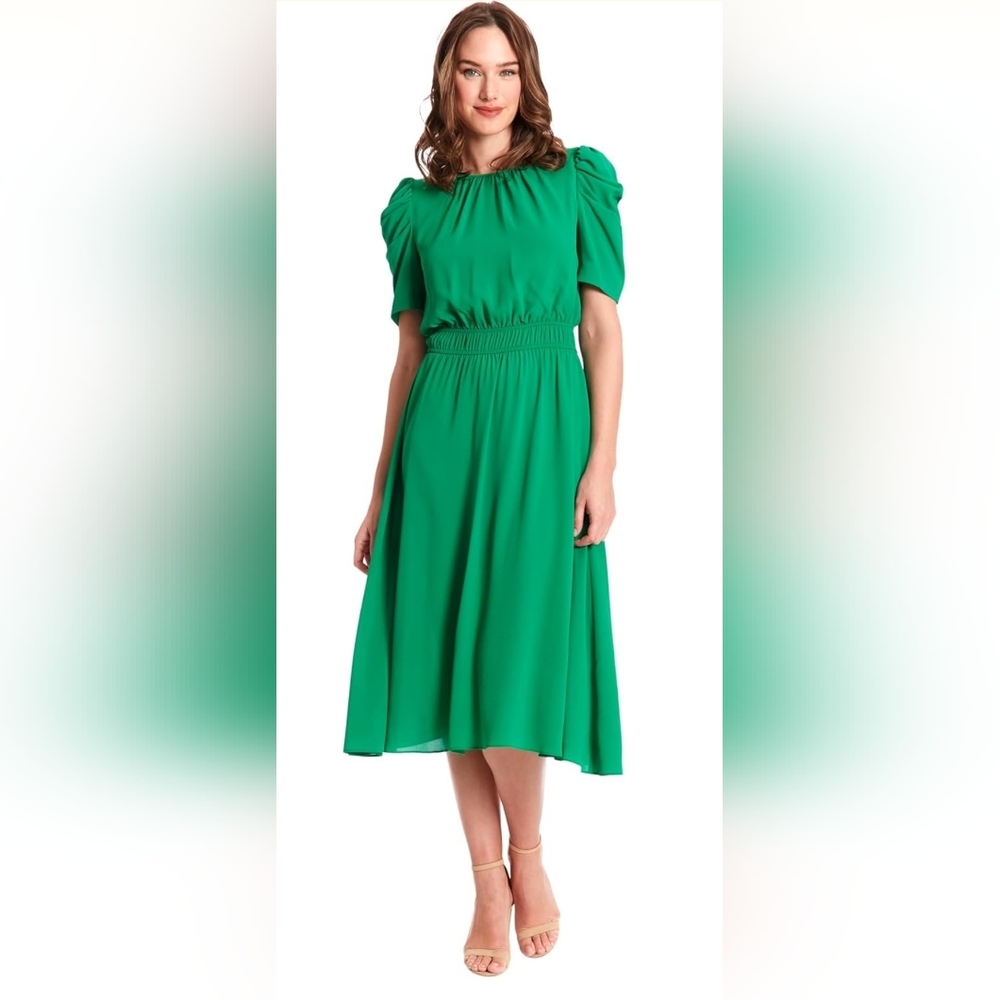 London Times Fiora Emerald Green Puff Sleeve Midi Dress